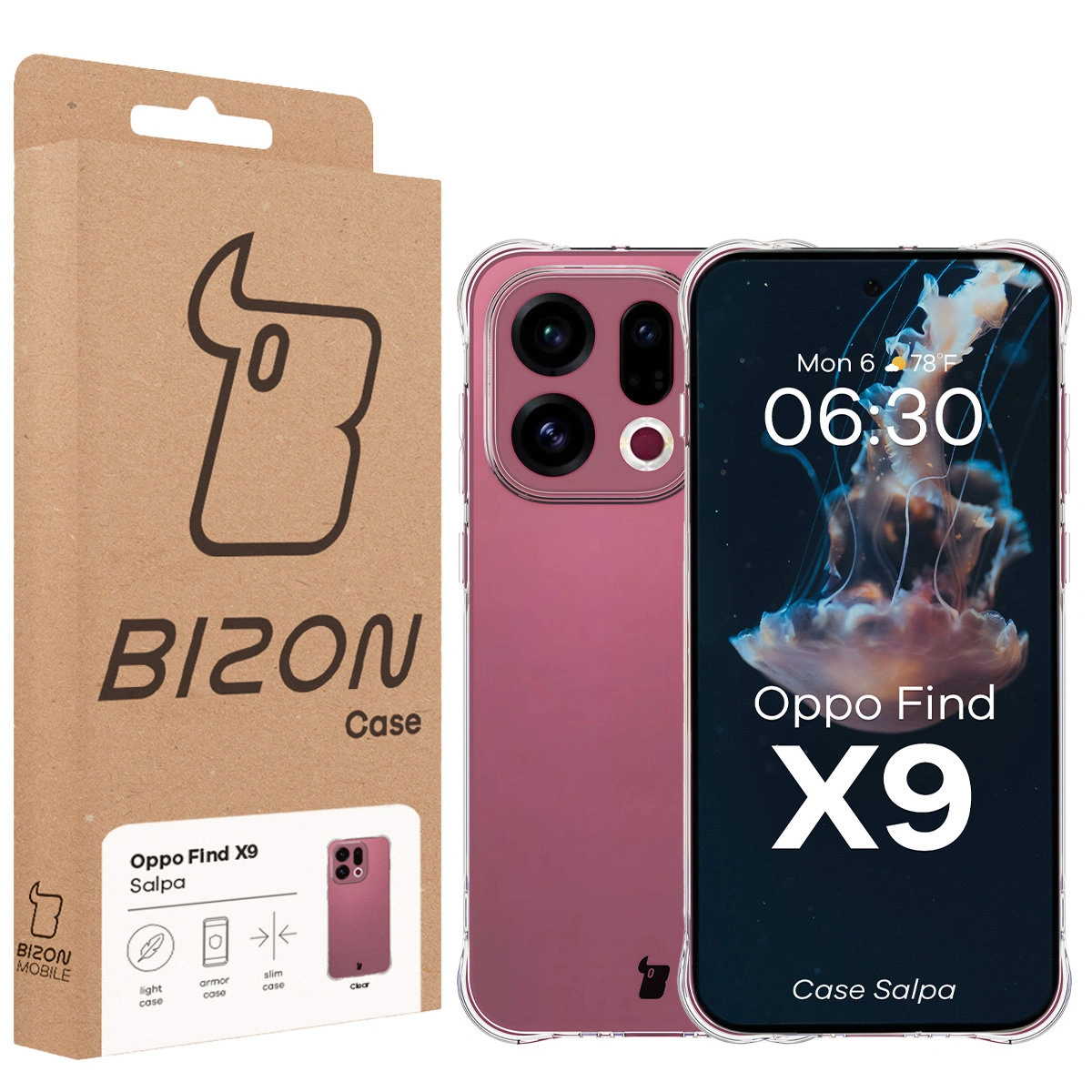Przód pudełka Bizon Case z dedykowaną etykietą do Oppo Find X9