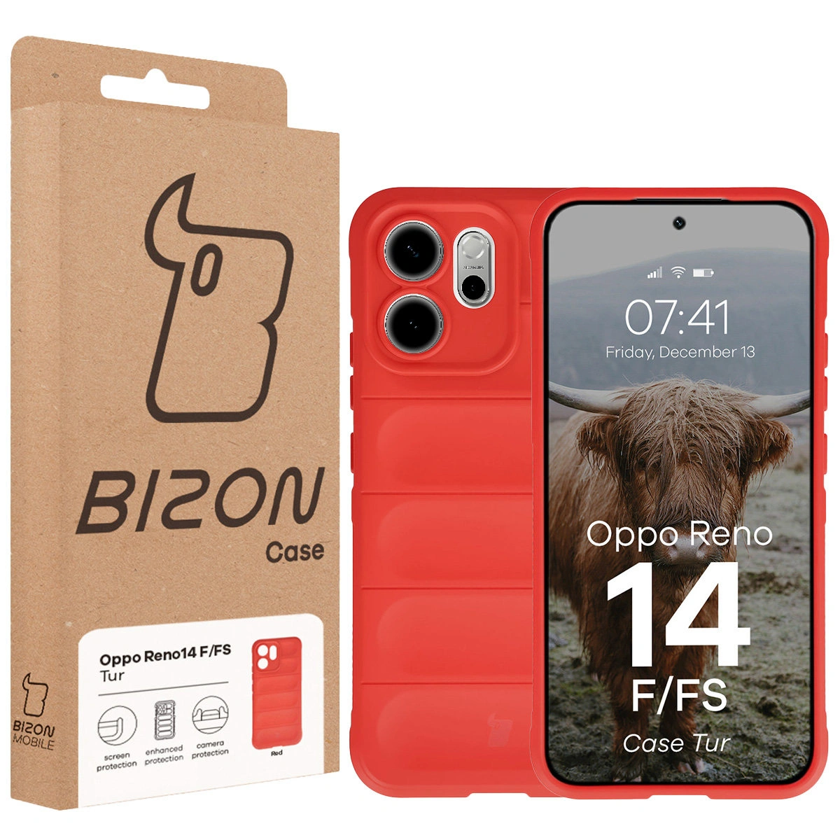 Przód pudełka Bizon Case z dedykowaną etykietą do Oppo Reno 14 F / Oppo Reno 14 FS