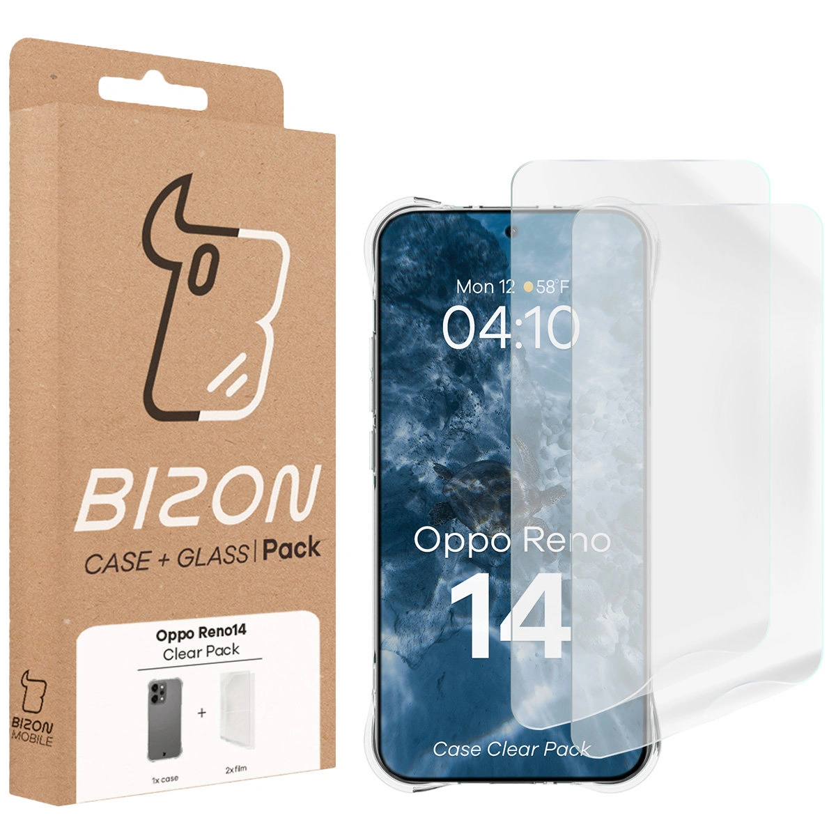 Przód pudełka Bizon Case+Glass z dedykowaną etykietą do Oppo Reno 14