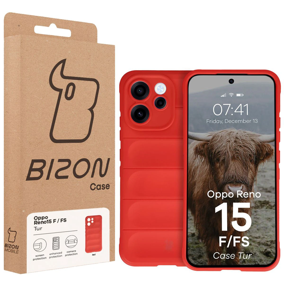 Przód pudełka Bizon Case z dedykowaną etykietą do Oppo Reno 15 F / Oppo Reno 15 FS