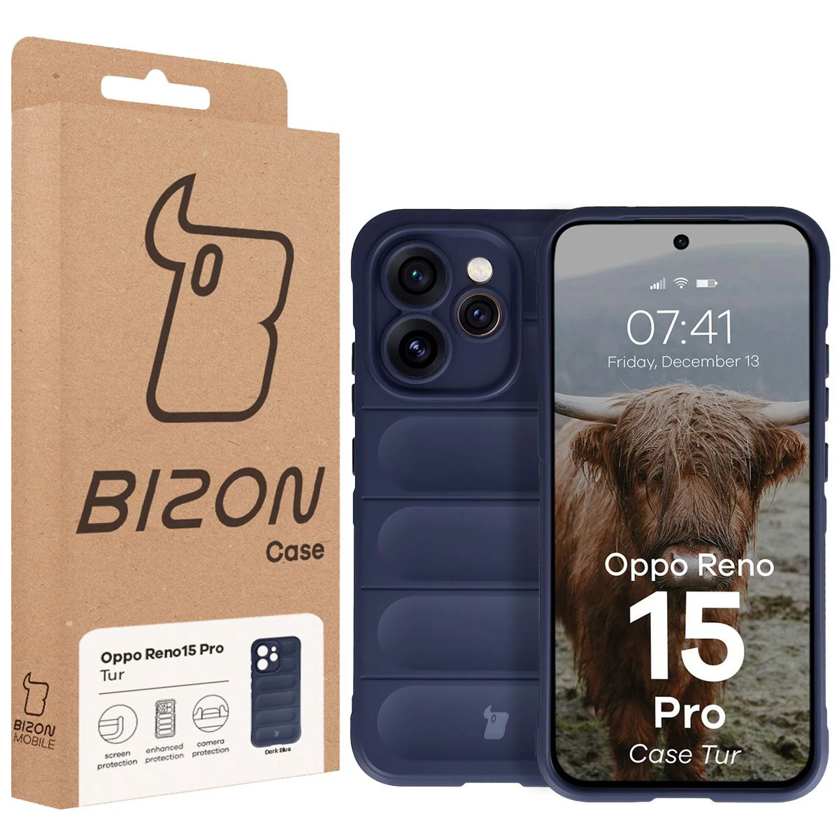 Przód pudełka Bizon Case z dedykowaną etykietą do Oppo Reno 15 Pro