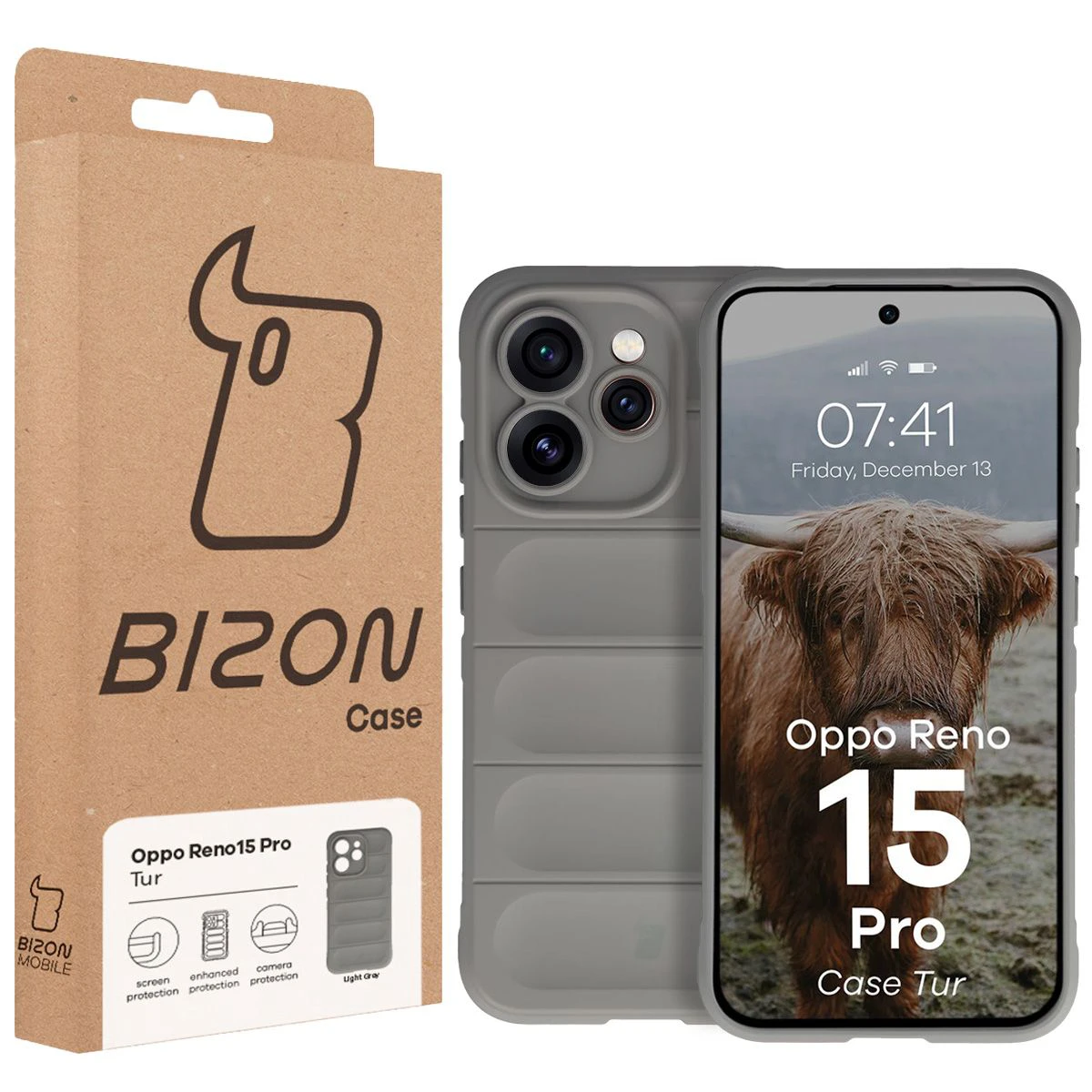 Przód pudełka Bizon Case z dedykowaną etykietą do Oppo Reno 15 Pro