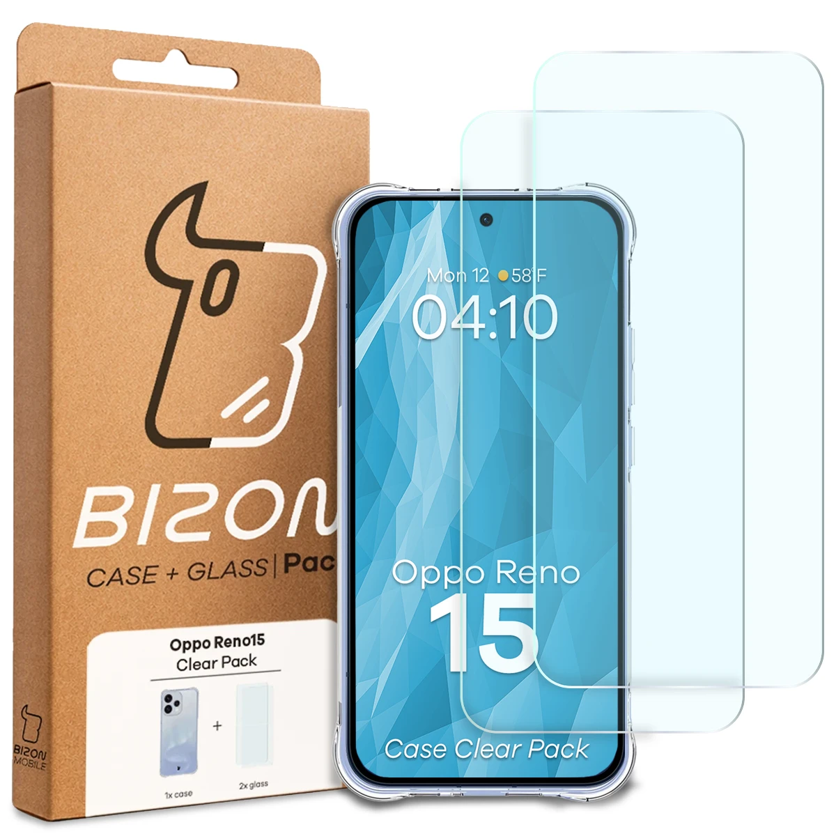 Przód pudełka Bizon Case+Glass z dedykowaną etykietą do Oppo Reno 15