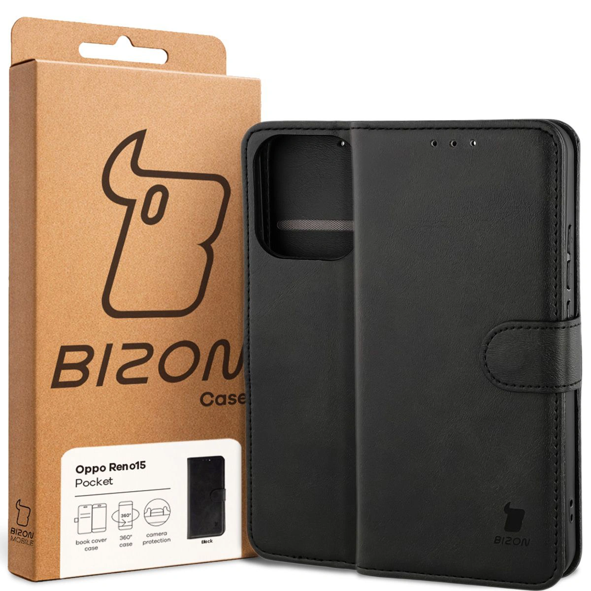 Przód pudełka Bizon Case z dedykowaną etykietą do Oppo Reno 15