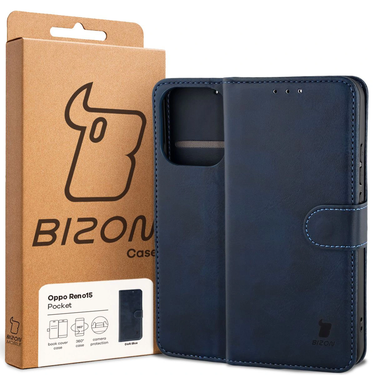 Przód pudełka Bizon Case z dedykowaną etykietą do Oppo Reno 15
