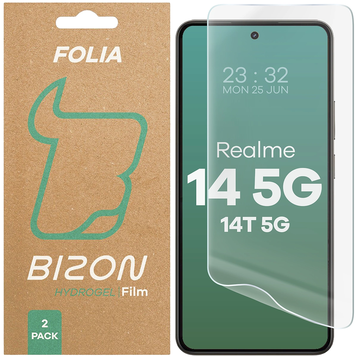 Pudełko i folia hydrożelowa na ekran Bizon Film Hydrogel Front Duo do Realme 14 5G / Realme 14T 5G