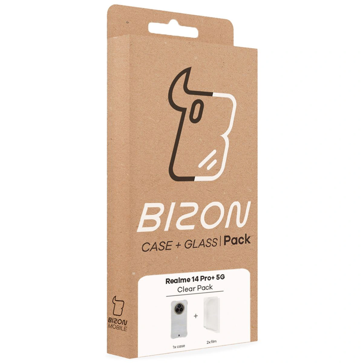 Przód pudełka Bizon Case+Glass z dedykowaną etykietą do Realme 14 Pro Plus 5G