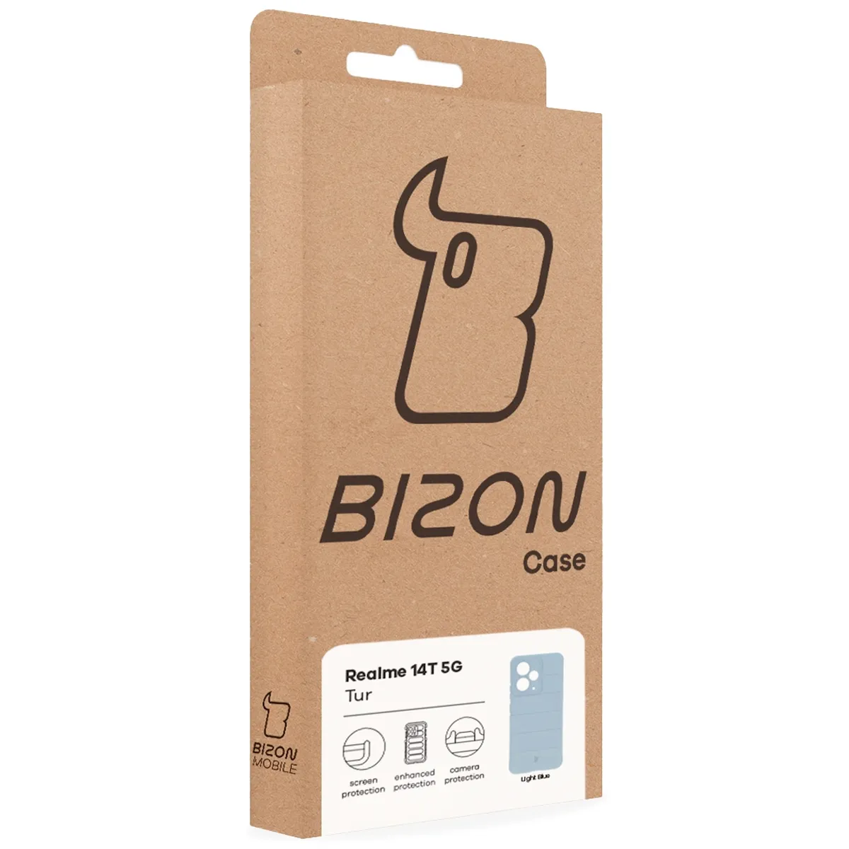 Przód pudełka Bizon Case z dedykowaną etykietą do Realme 14T 5G