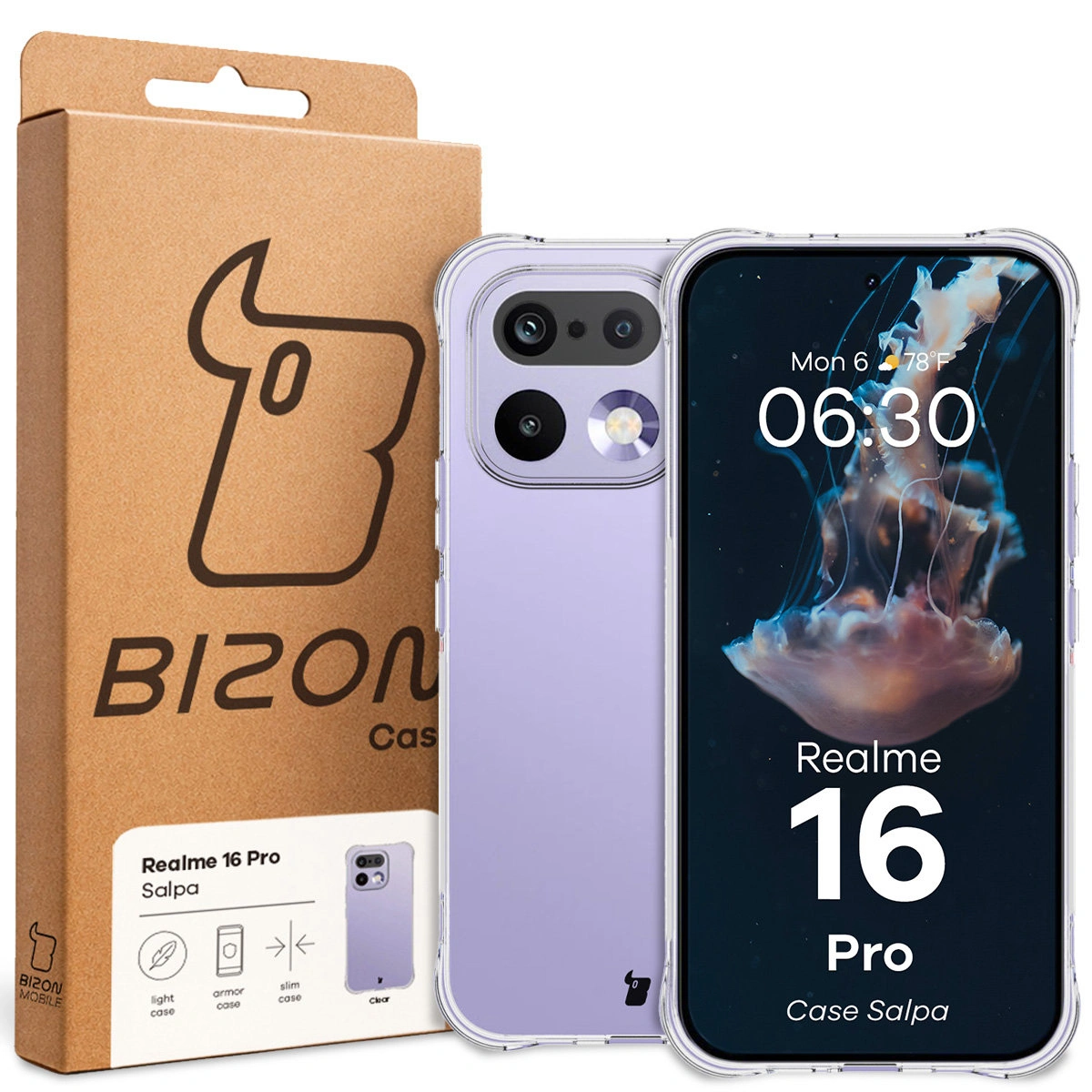 Przód pudełka Bizon Case z dedykowaną etykietą do Realme 16 Pro 5G