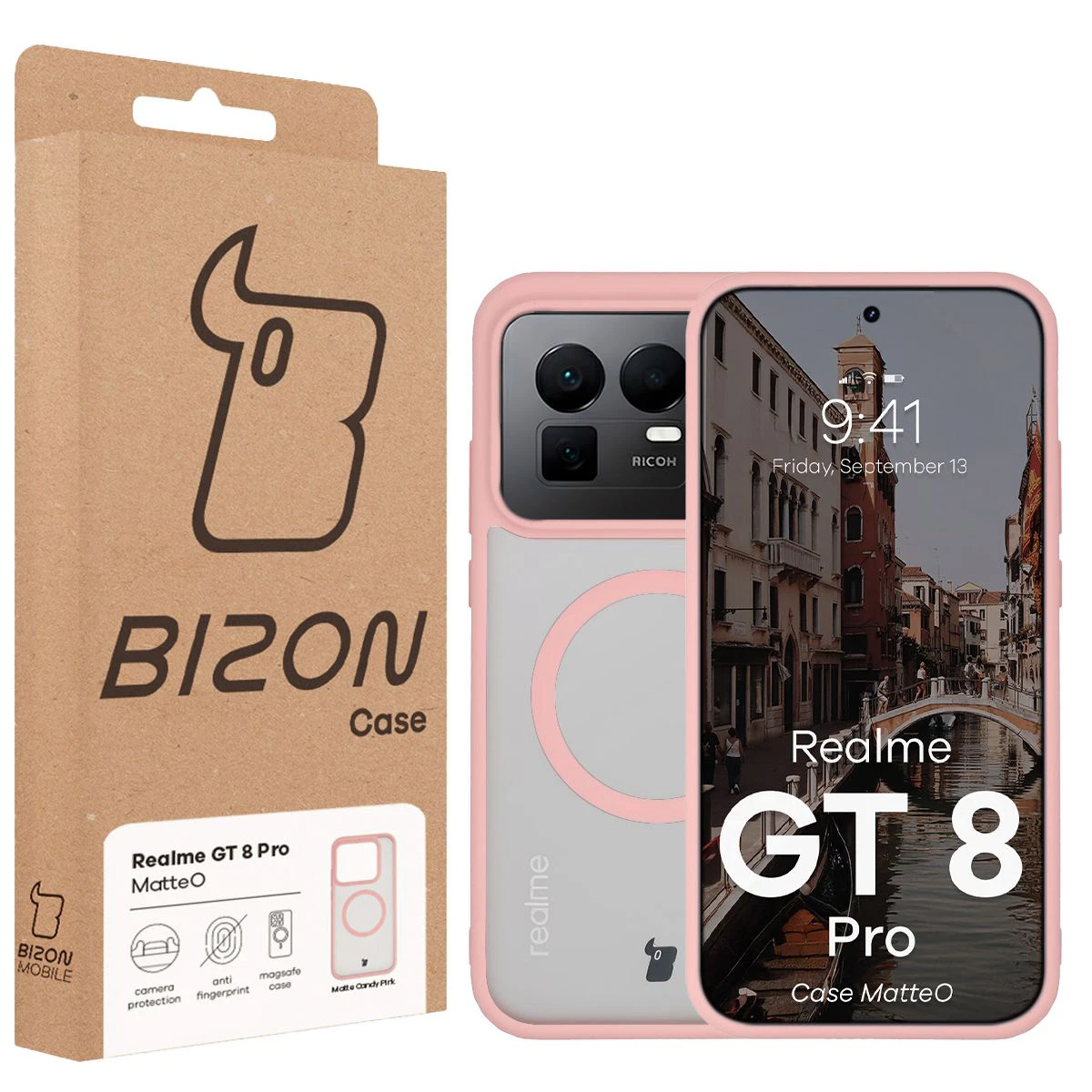 Przód pudełka Bizon Case z dedykowaną etykietą do Realme GT 8 Pro