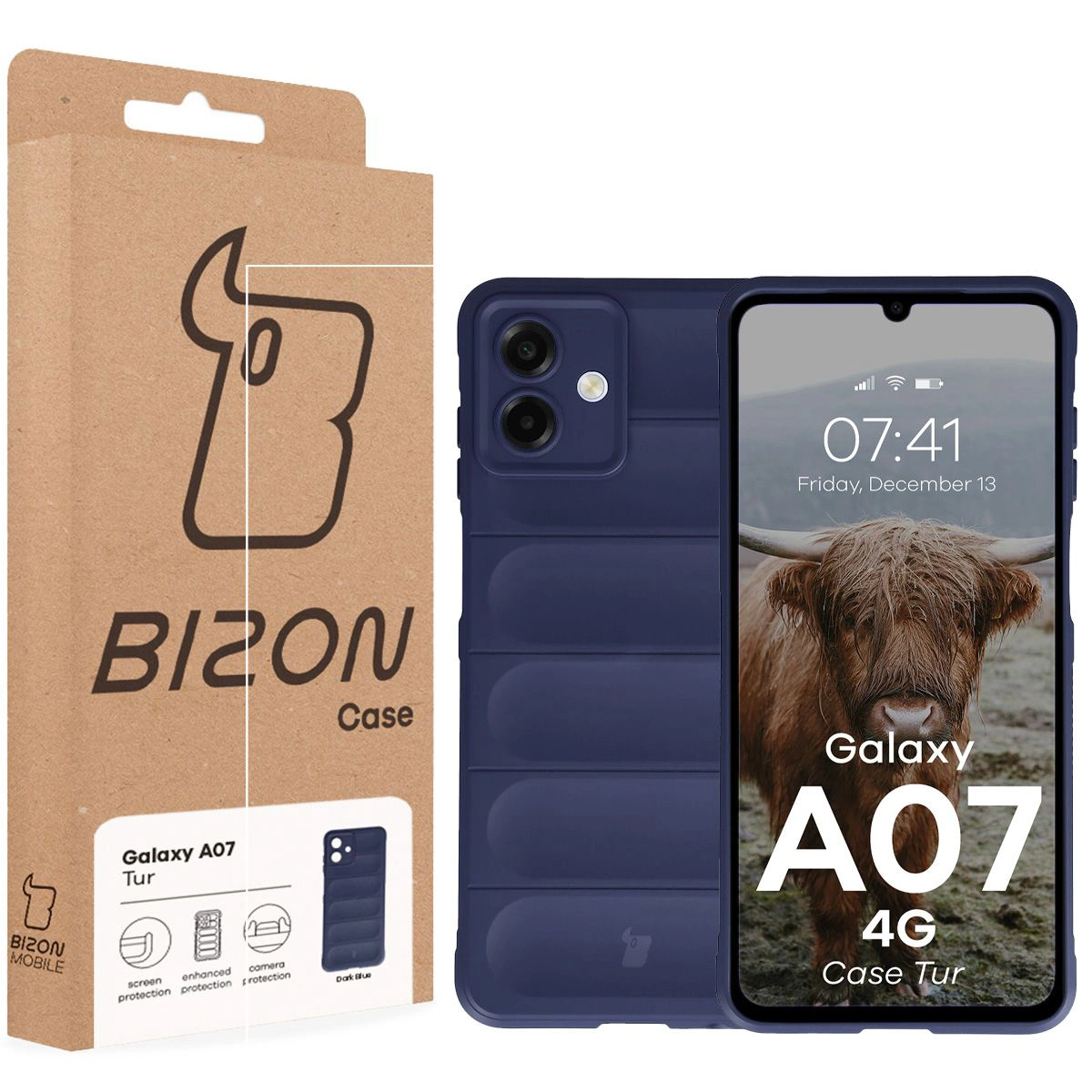 Przód pudełka Bizon Case z dedykowaną etykietą do Samsung Galaxy A07 4G