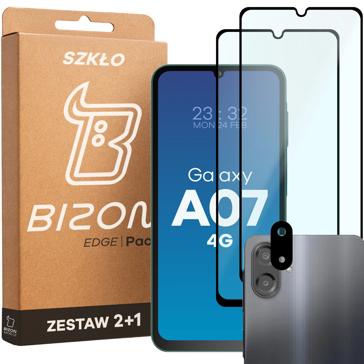 Pudełko i zestaw szkieł do Samsung Galaxy A07 4G: 2x szkło hartowane i lens