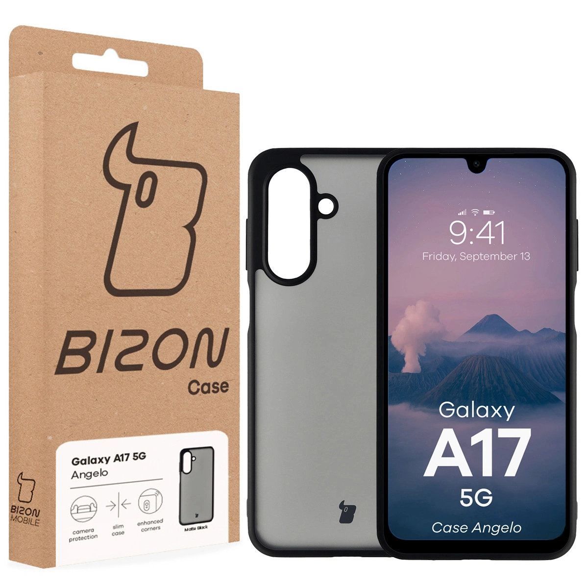 Przód pudełka Bizon Case z dedykowaną etykietą do Samsung Galaxy A17 5G