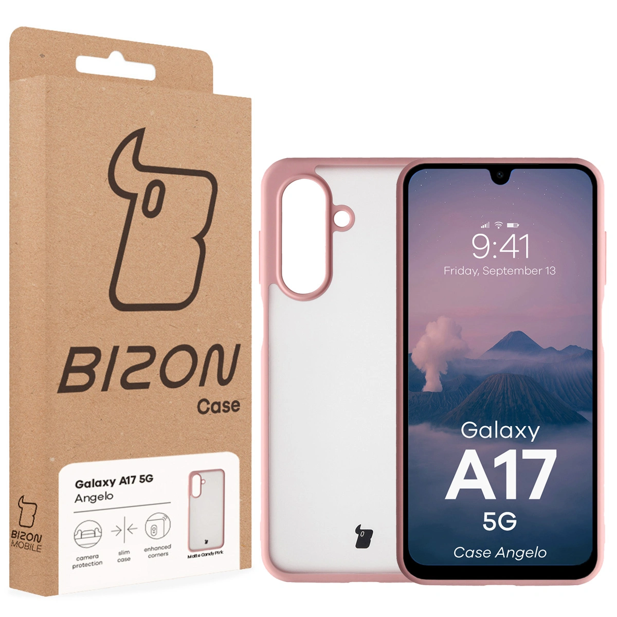 Przód pudełka Bizon Case z dedykowaną etykietą do Samsung Galaxy A17 5G