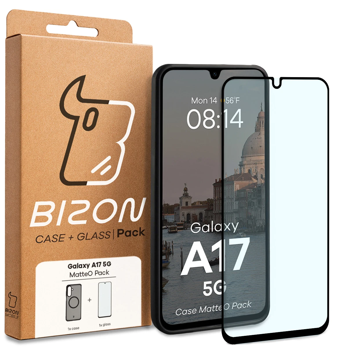 Przód pudełka Bizon Case Matteo Pack z dedykowaną etykietą do Samsung Galaxy A17 5G