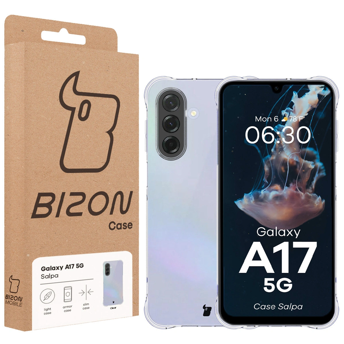 Przód pudełka Bizon Case z dedykowaną etykietą do Samsung Galaxy A17 5G