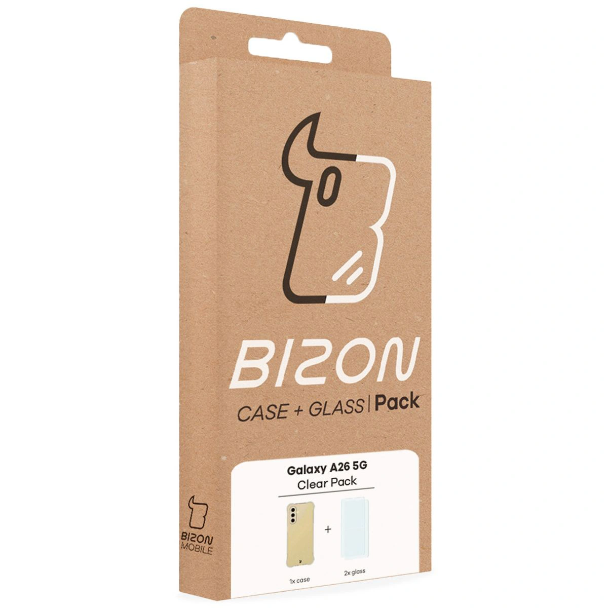 Przód pudełka Bizon Case+Glass z dedykowaną etykietą do Samsung Galaxy A26 5G