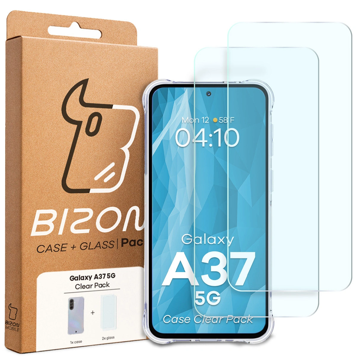 Przód pudełka Bizon Case+Glass z dedykowaną etykietą do Samsung Galaxy A37 5G