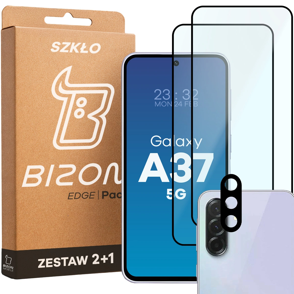 Pudełko i zestaw szkieł do Samsung Galaxy A37 5G: 2x szkło hartowane i lens
