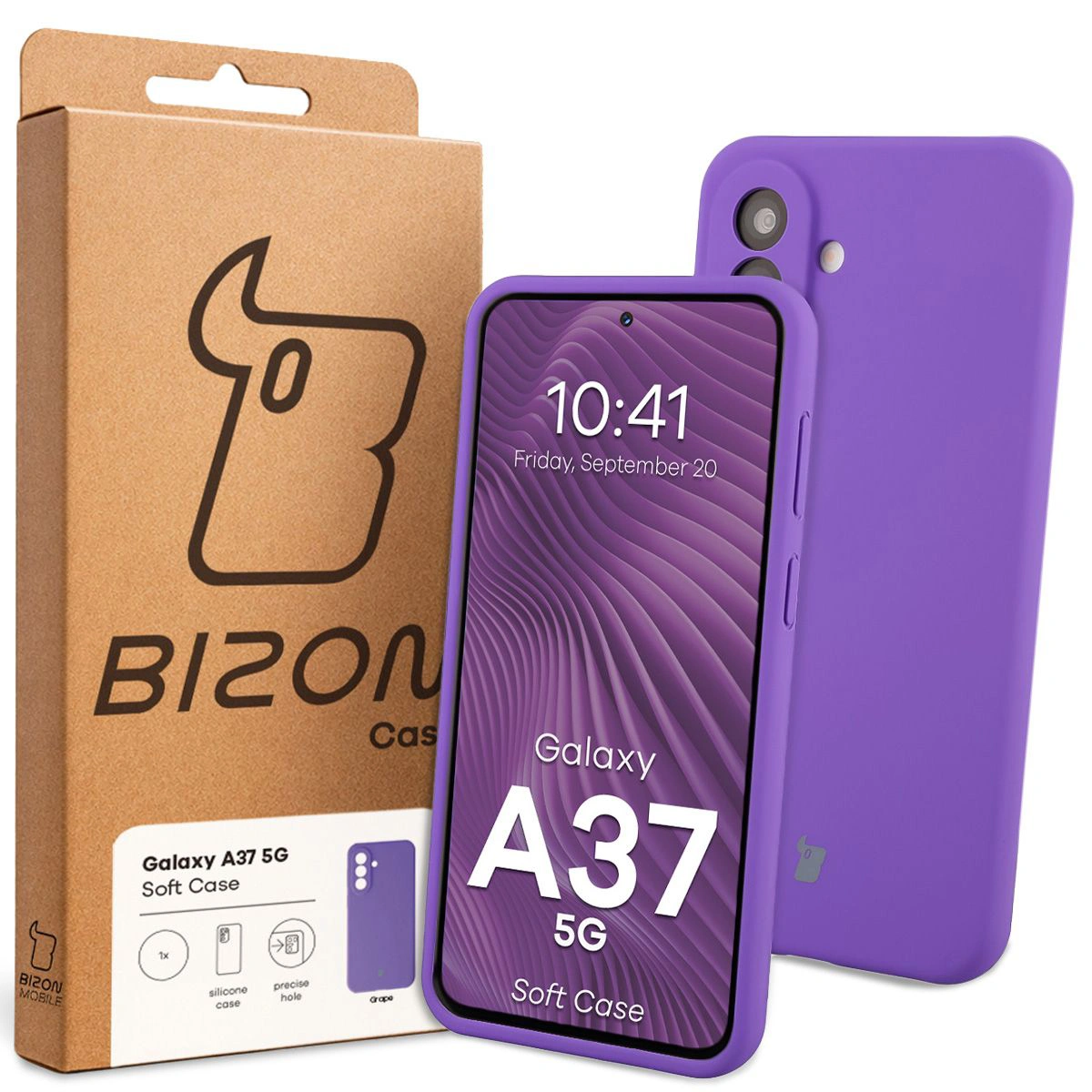 Przód pudełka Bizon Case z dedykowaną etykietą do Samsung Galaxy A37 5G