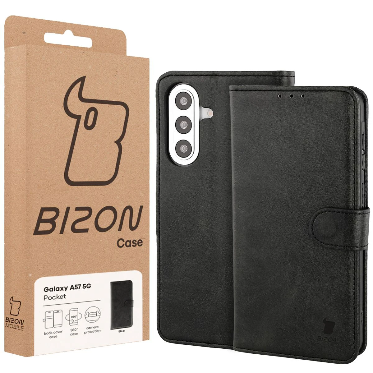 Przód pudełka Bizon Case z dedykowaną etykietą do Samsung Galaxy A57 5G