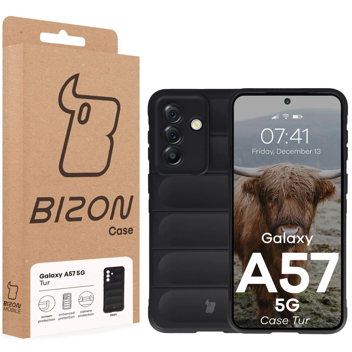 Przód pudełka Bizon Case z dedykowaną etykietą do Samsung Galaxy A57 5G