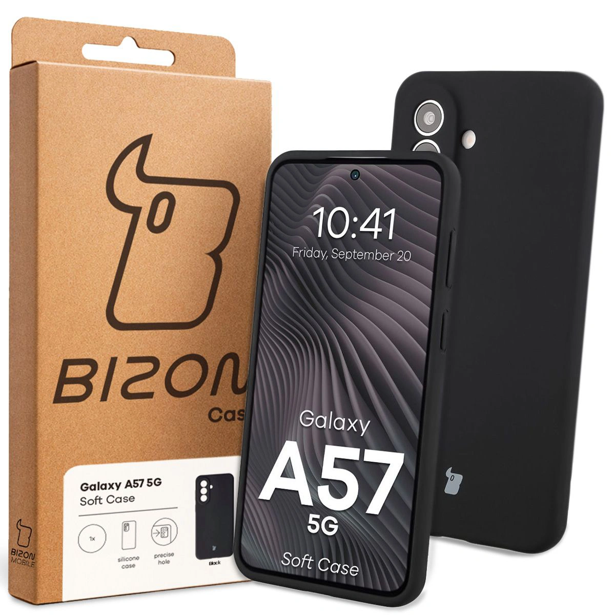 Przód pudełka Bizon Case z dedykowaną etykietą do Samsung Galaxy A57 5G