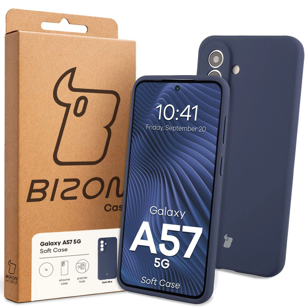 Przód pudełka Bizon Case z dedykowaną etykietą do Samsung Galaxy A57 5G