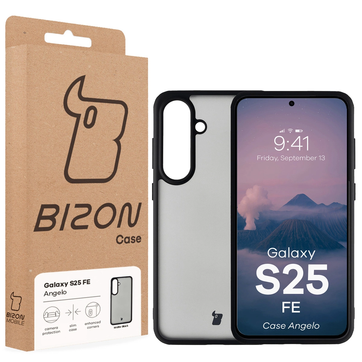 Przód pudełka Bizon Case z dedykowaną etykietą do Samsung Galaxy S25 FE