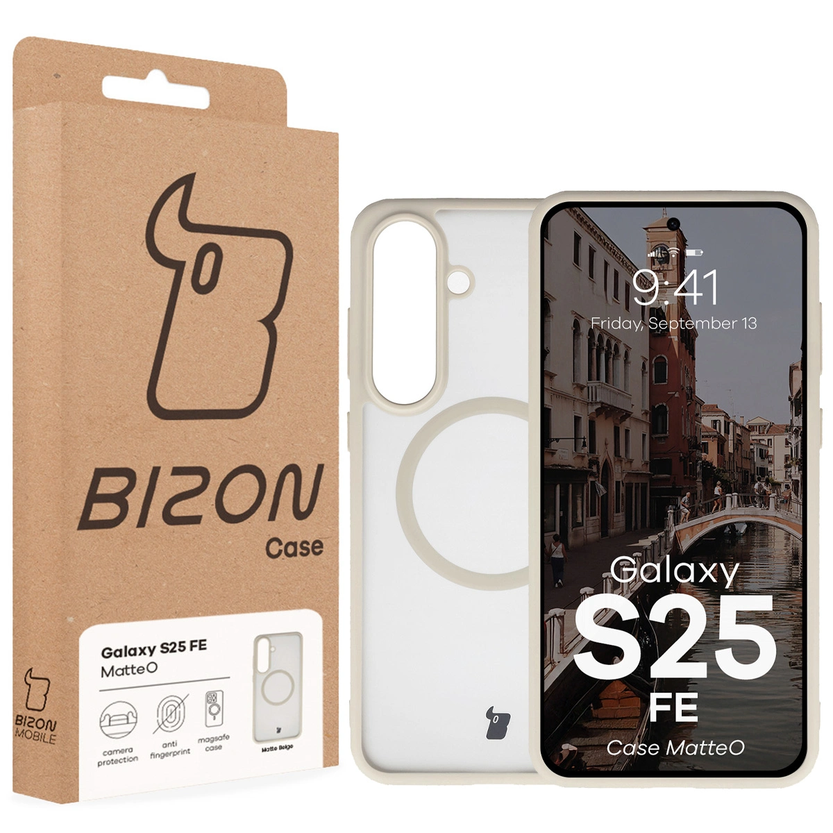 Przód pudełka Bizon Case z dedykowaną etykietą do Samsung Galaxy S25 FE