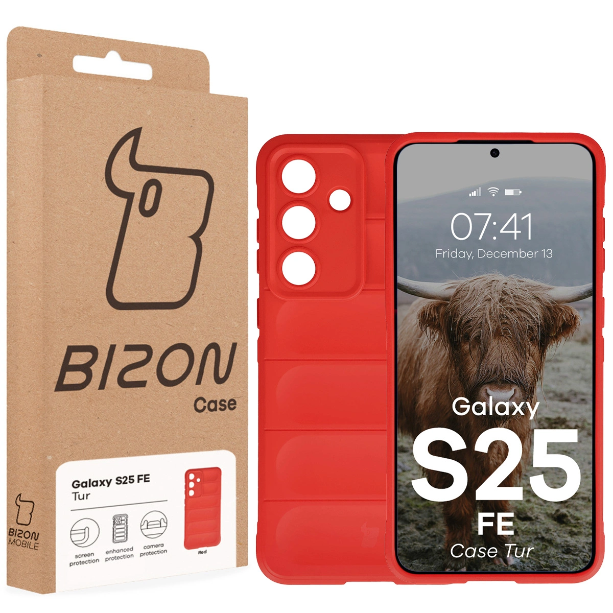 Przód pudełka Bizon Case z dedykowaną etykietą do Samsung Galaxy S25 FE