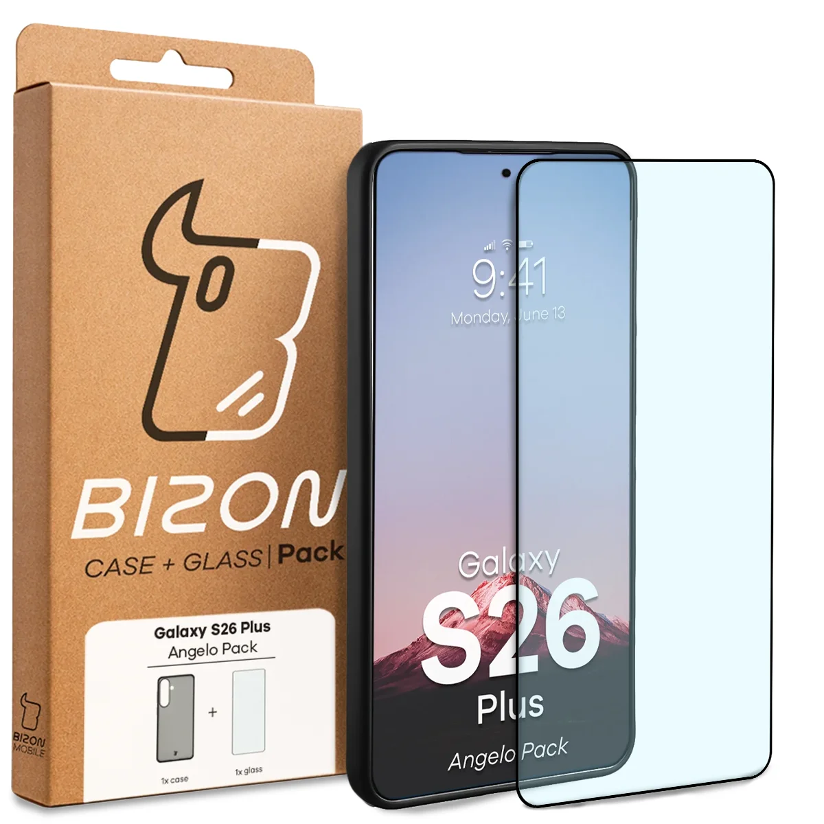 Przód pudełka Bizon Case Angelo Pack z dedykowaną etykietą do Samsung Galaxy S26 Plus