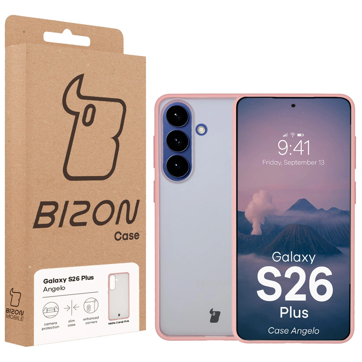 Przód pudełka Bizon Case z dedykowaną etykietą do Samsung Galaxy S26 Plus