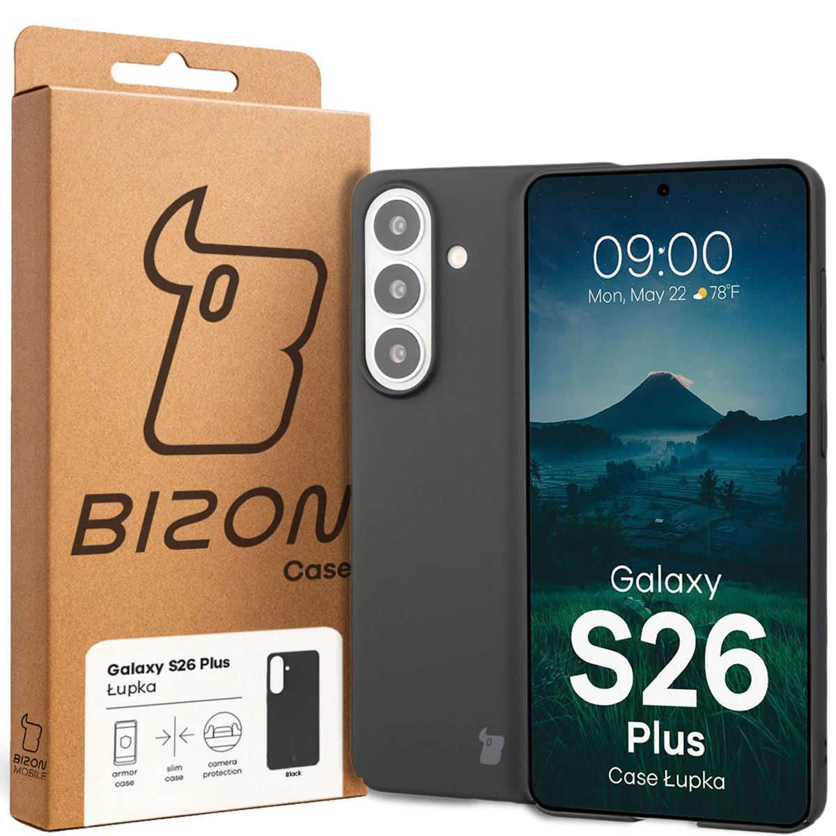 Przód pudełka Bizon Case z dedykowaną etykietą do Samsung Galaxy S26 Plus