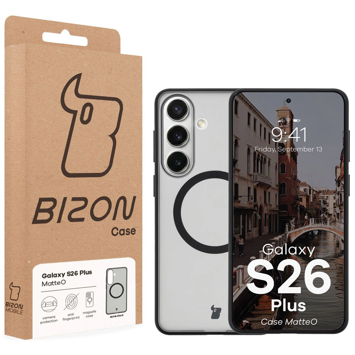 Przód pudełka Bizon Case z dedykowaną etykietą do Samsung Galaxy S26 Plus