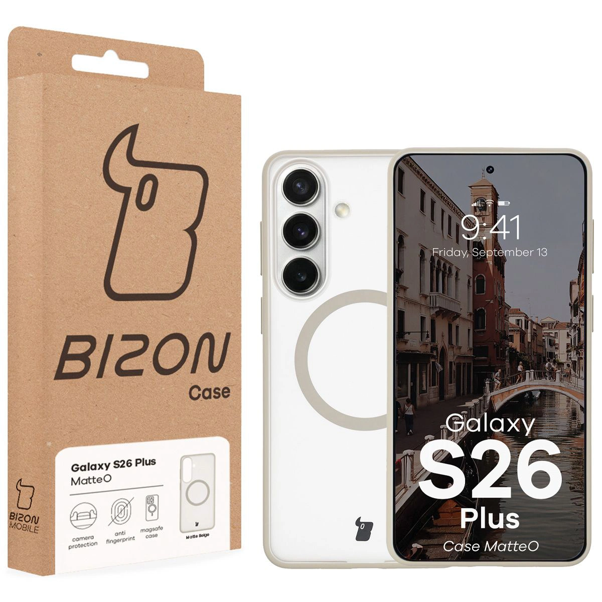 Przód pudełka Bizon Case z dedykowaną etykietą do Samsung Galaxy S26 Plus