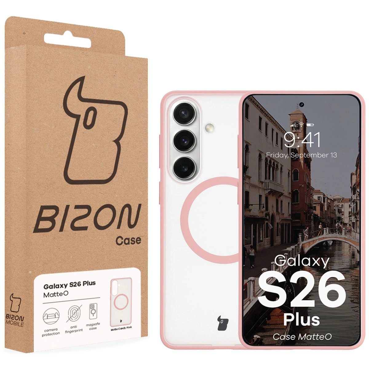 Przód pudełka Bizon Case z dedykowaną etykietą do Samsung Galaxy S26 Plus