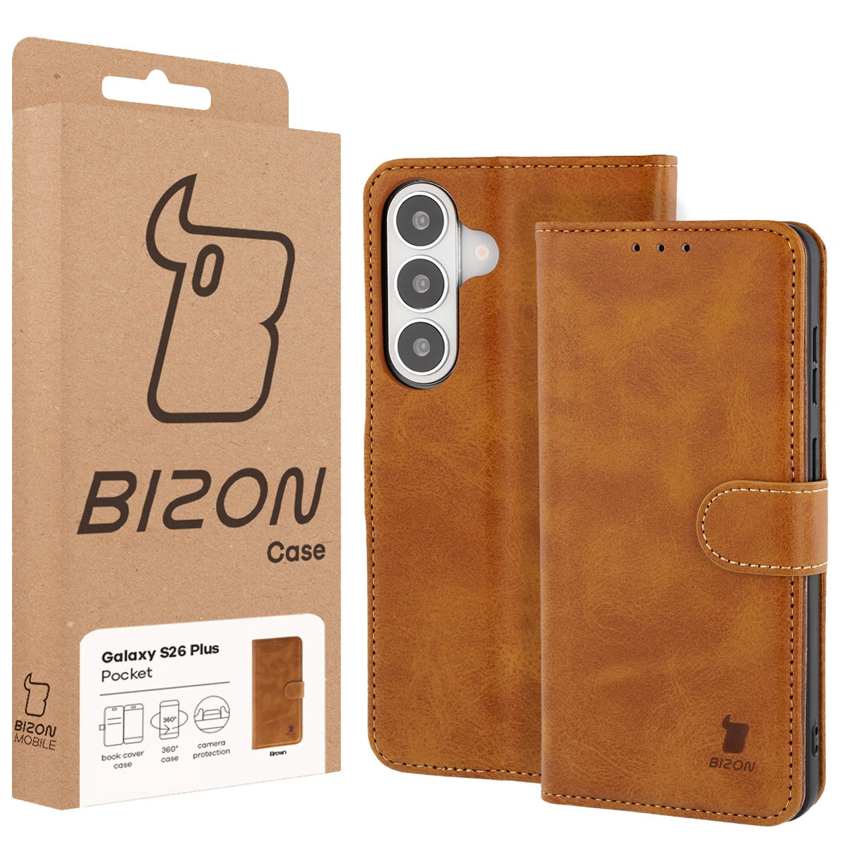 Przód pudełka Bizon Case z dedykowaną etykietą do Samsung Galaxy S26 Plus