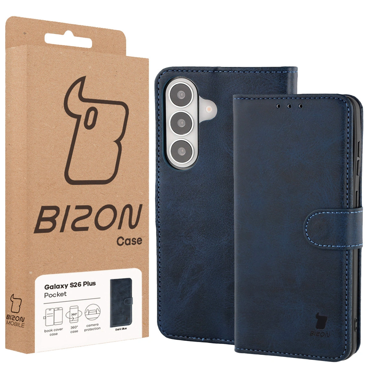 Przód pudełka Bizon Case z dedykowaną etykietą do Samsung Galaxy S26 Plus