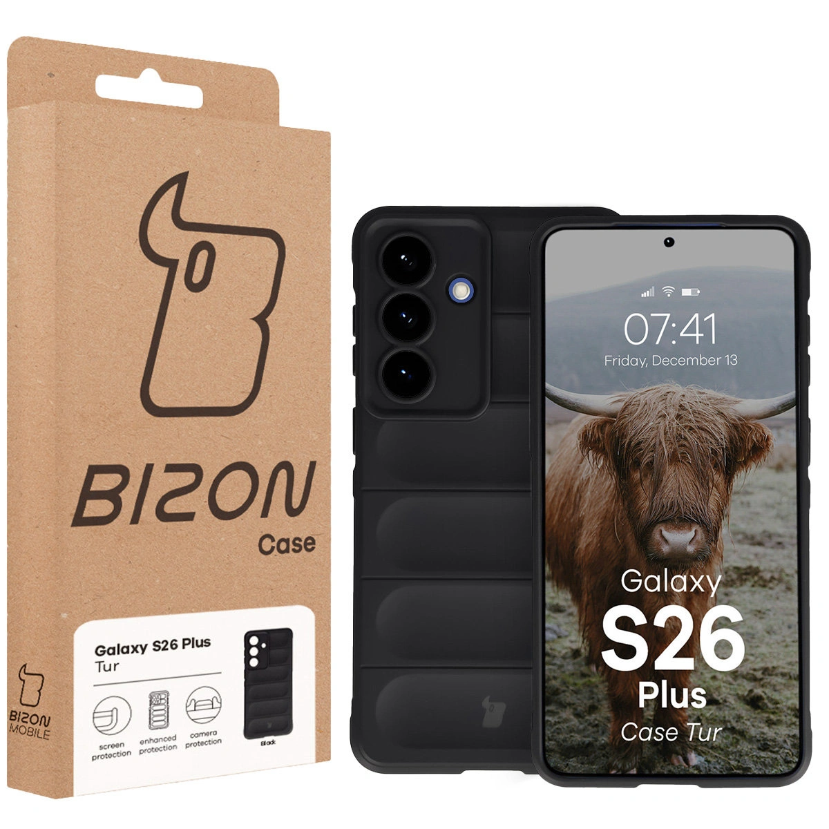 Przód pudełka Bizon Case z dedykowaną etykietą do Samsung Galaxy S26 Plus