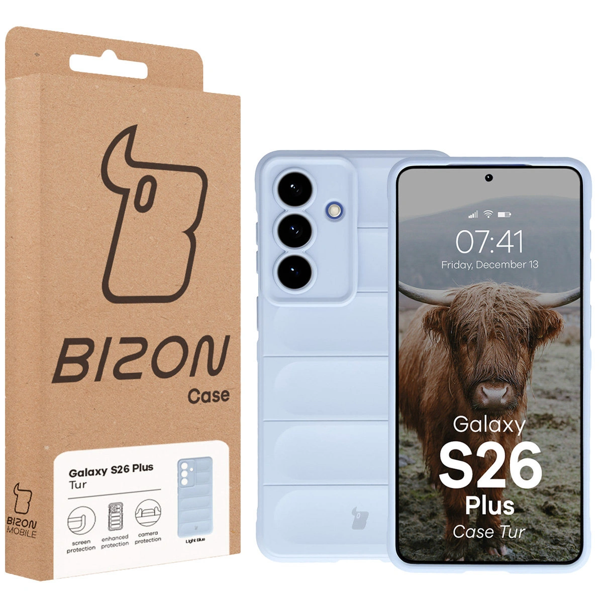 Przód pudełka Bizon Case z dedykowaną etykietą do Samsung Galaxy S26 Plus