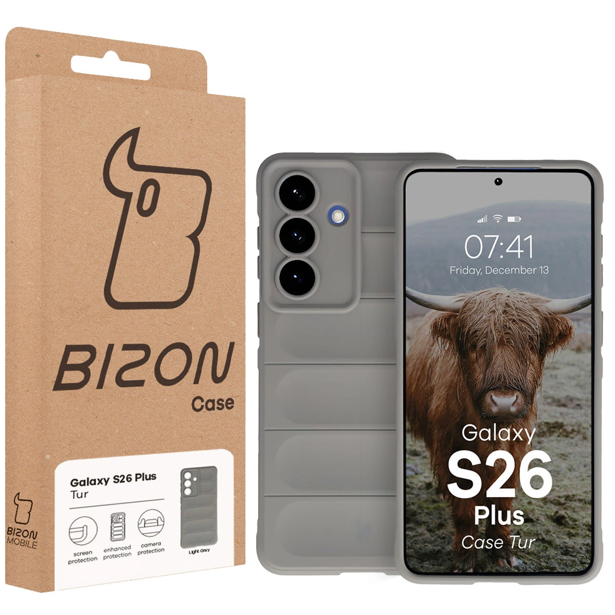 Przód pudełka Bizon Case z dedykowaną etykietą do Samsung Galaxy S26 Plus