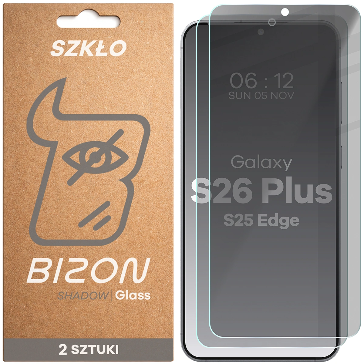 Pudełko i szkło prywatyzujące Bizon Glass Clear Shadow Duo do Samsung Galaxy S26 Plus / Samsung Galaxy S25 Edge