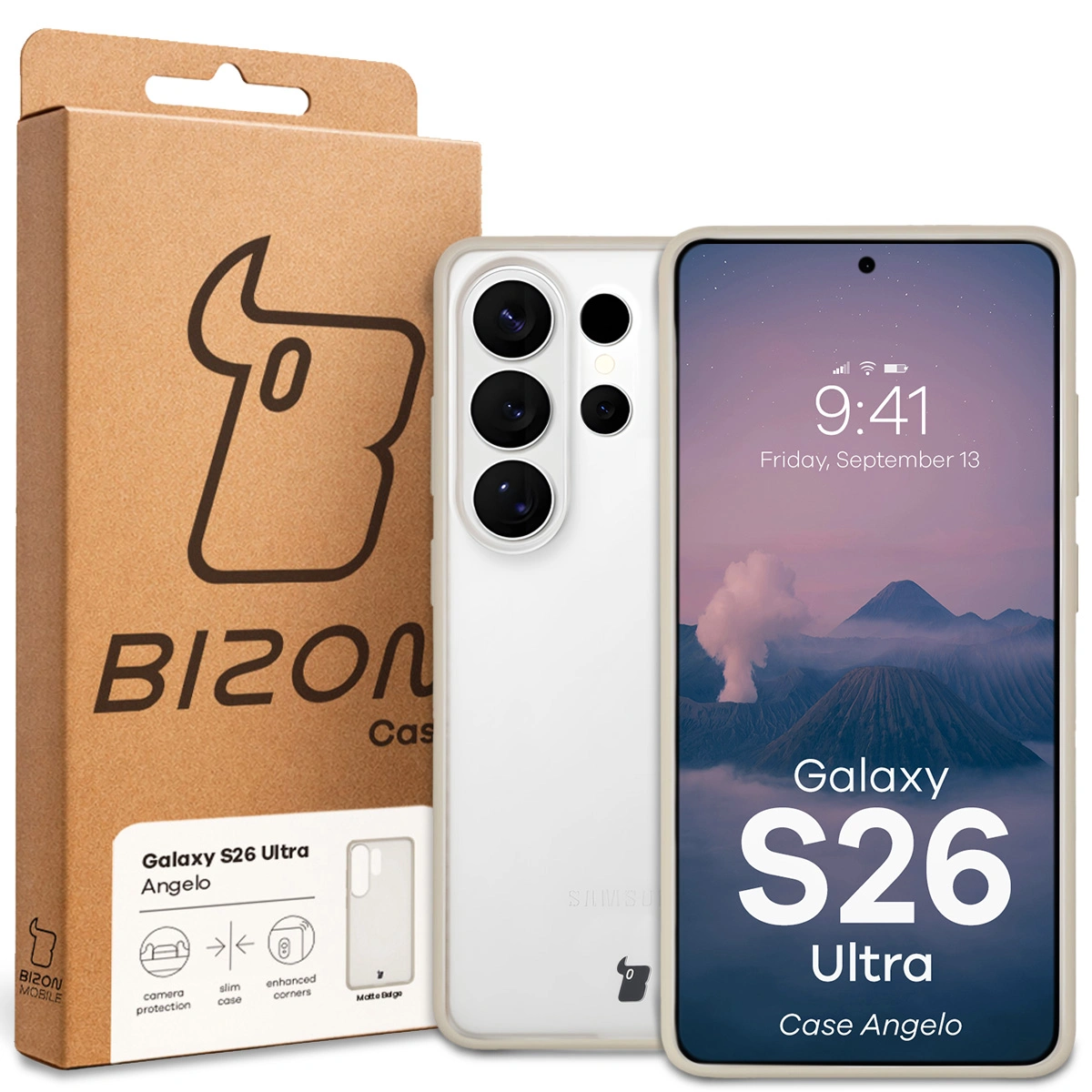 Przód pudełka Bizon Case z dedykowaną etykietą do Samsung Galaxy S26 Ultra