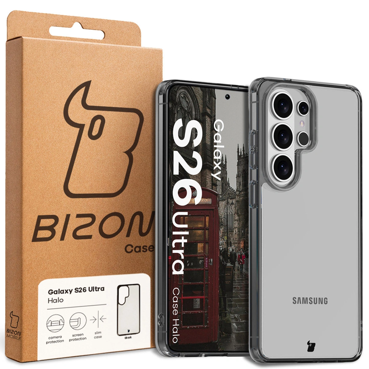 Przód pudełka Bizon Case z dedykowaną etykietą do Samsung Galaxy S26 Ultra