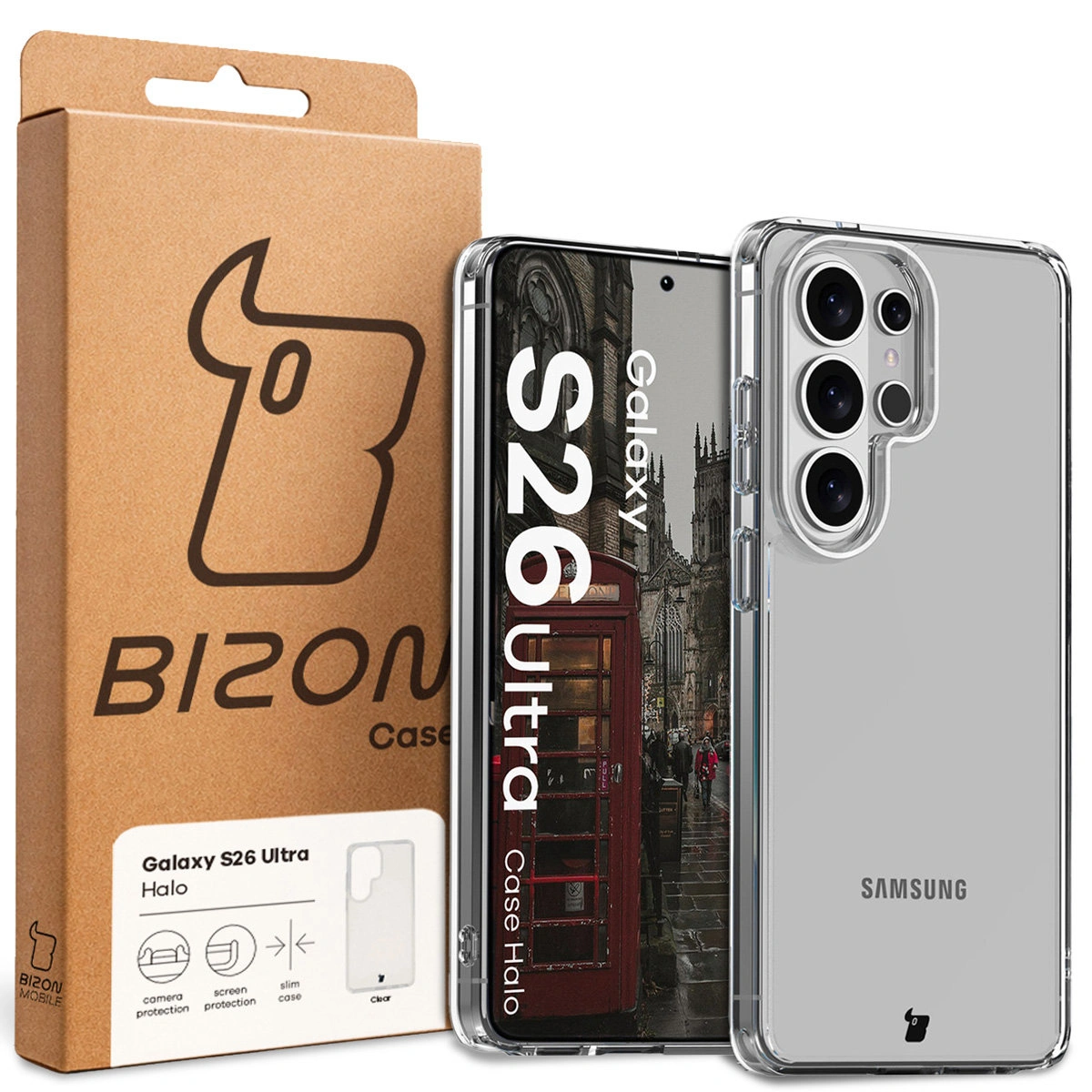 Przód pudełka Bizon Case z dedykowaną etykietą do Samsung Galaxy S26 Ultra