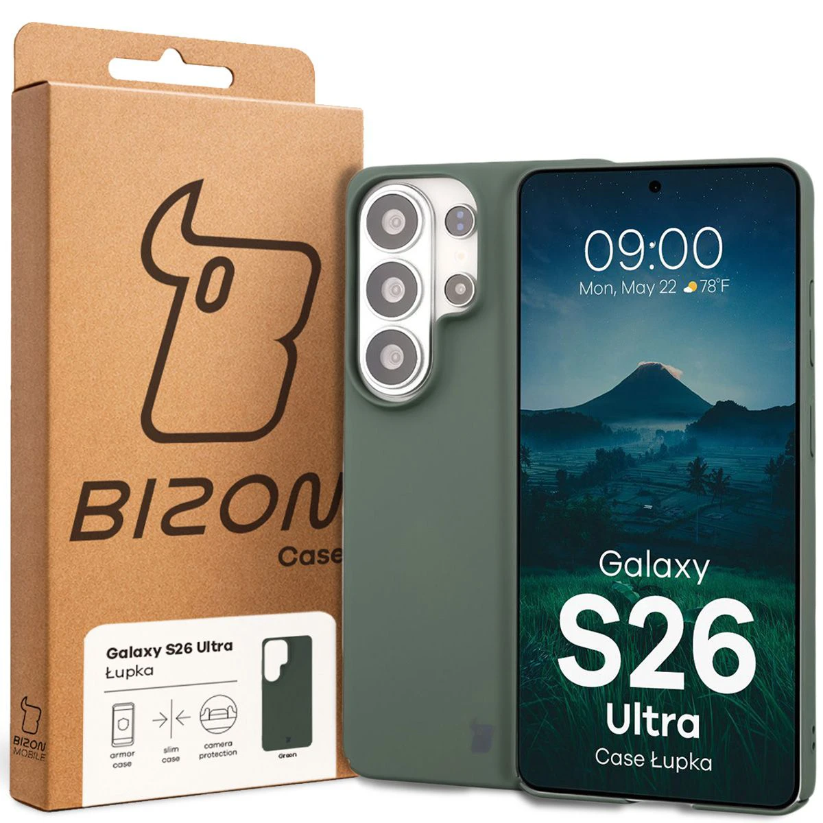 Przód pudełka Bizon Case z dedykowaną etykietą do Samsung Galaxy S26 Ultra