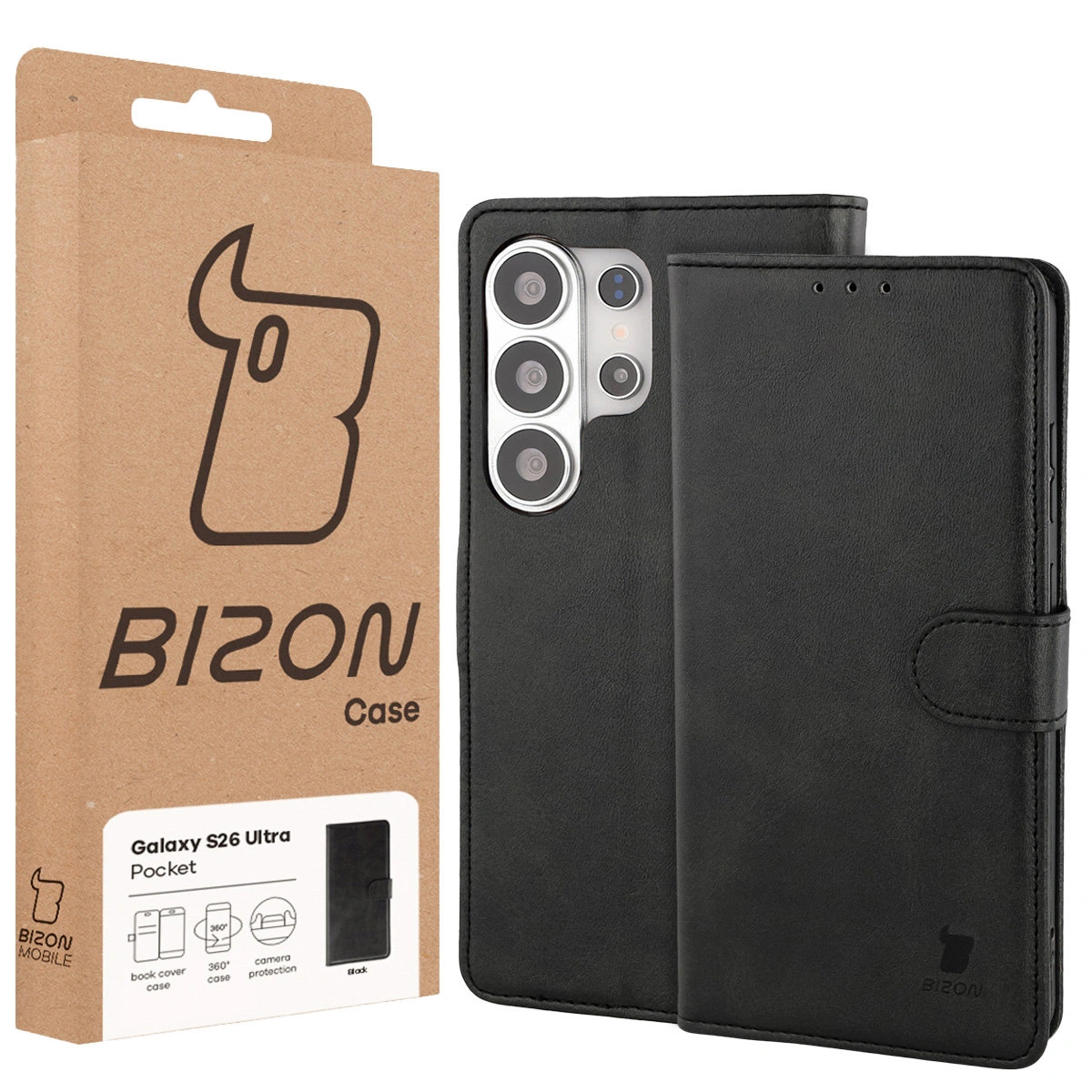Przód pudełka Bizon Case z dedykowaną etykietą do Samsung Galaxy S26 Ultra