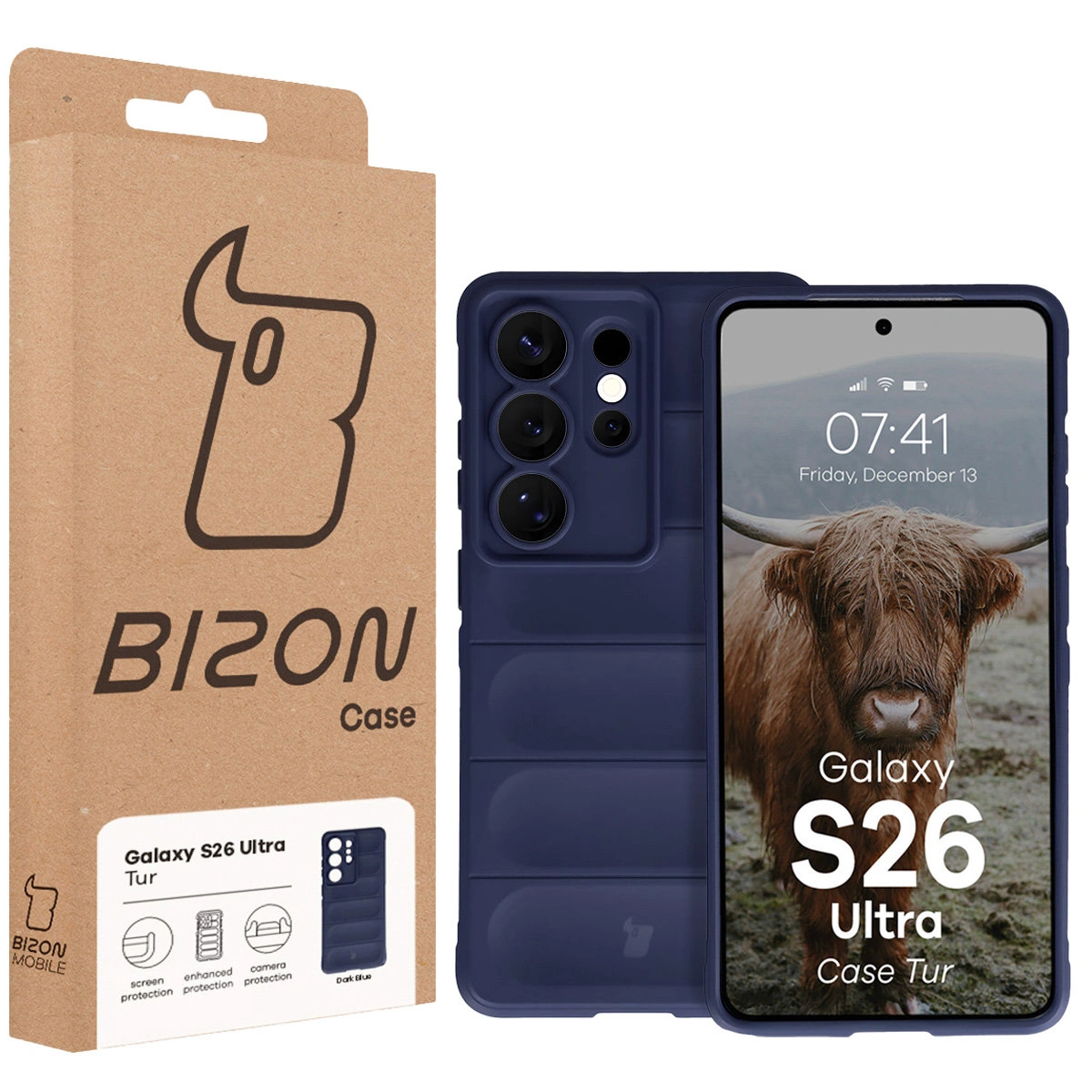 Przód pudełka Bizon Case z dedykowaną etykietą do Samsung Galaxy S26 Ultra
