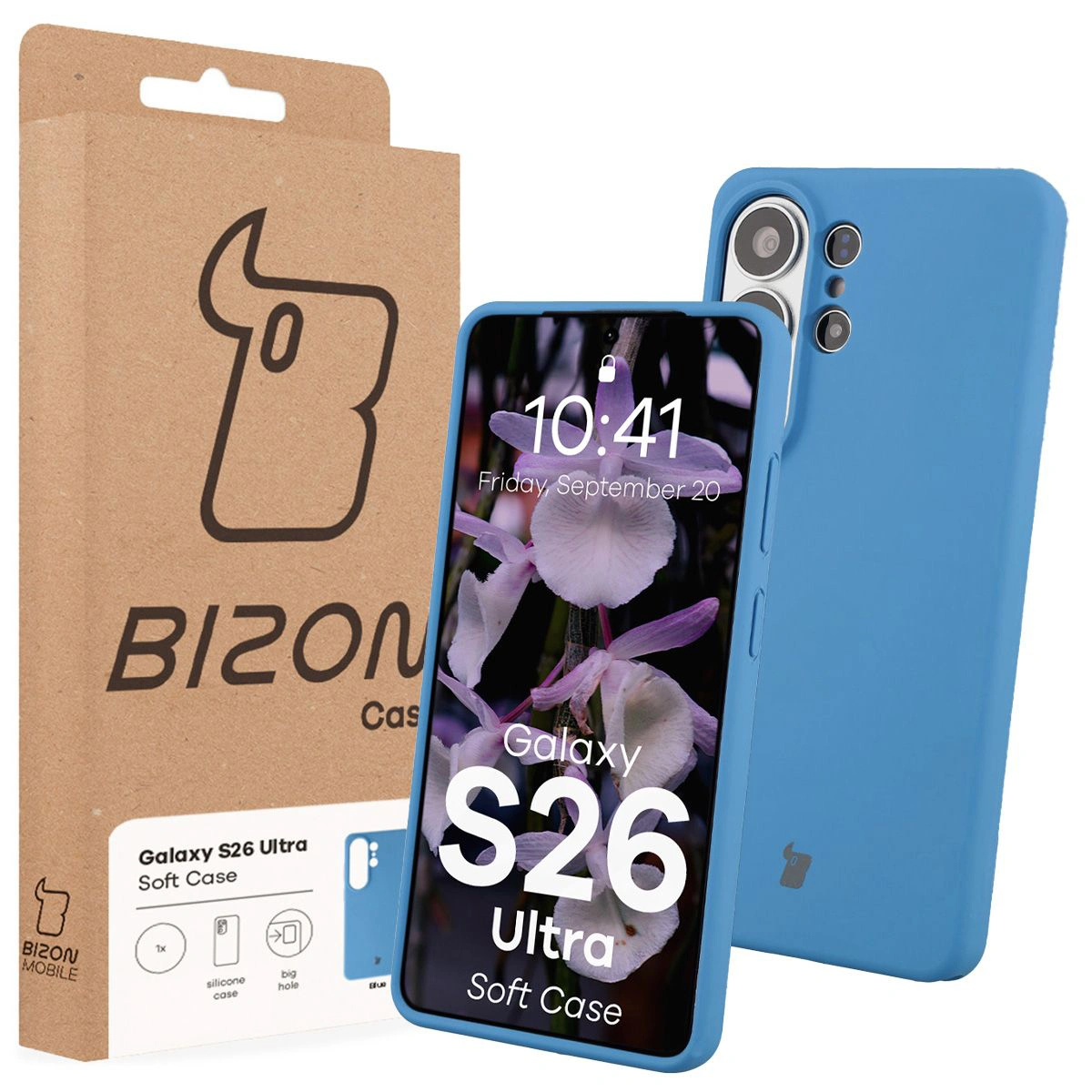 Przód pudełka Bizon Case z dedykowaną etykietą do Samsung Galaxy S26 Ultra